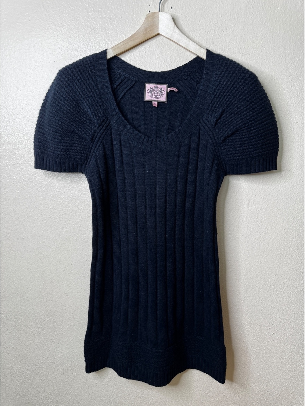 Juicy Couture Black Wool Cashmere Knit Sweater Dress Puff Sleeves Small Y2K